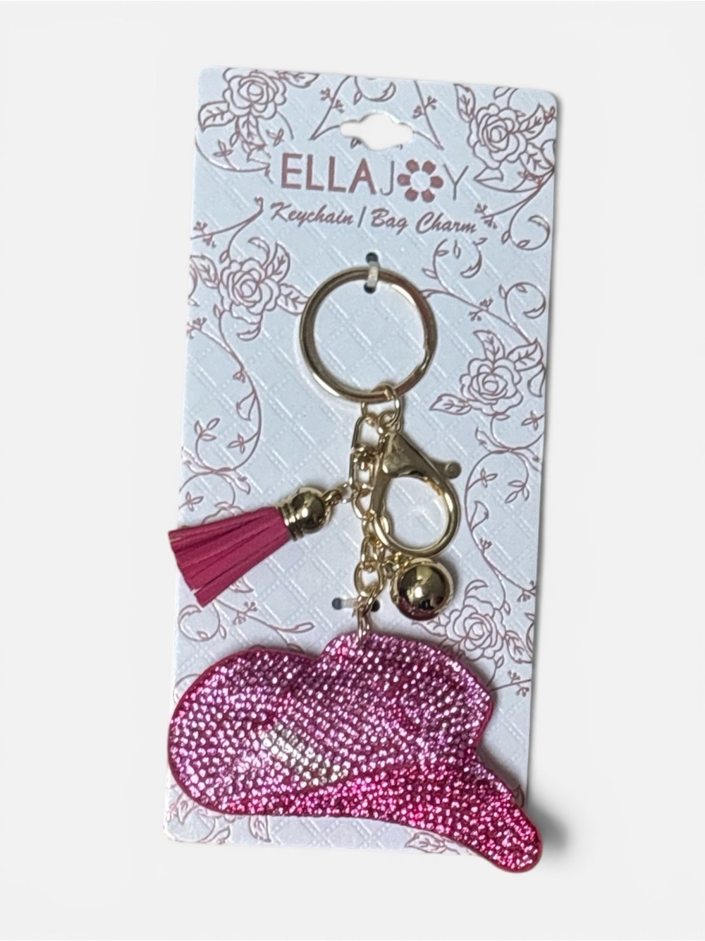 Pink Sparkle Cowgirl Hat Keychain with Tassel